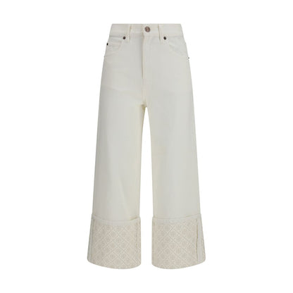Jeans by Tory Burch for women in denim cotton white, patterned, signature & monogram features a refined silhouette with a refined straight-leg, regular-fit & wide, defined by a and a refined long for a refined finish.