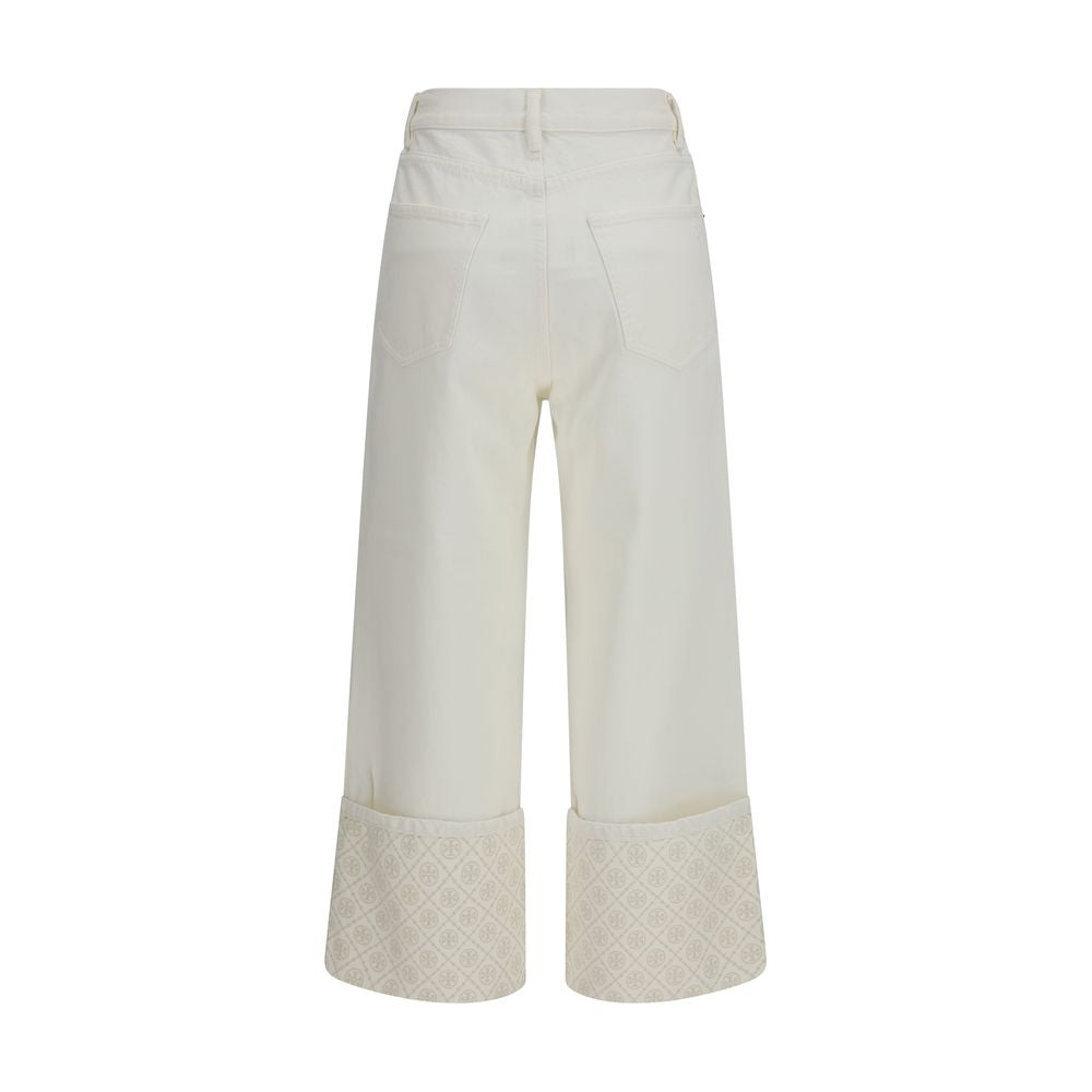 Jeans by Tory Burch for women in denim cotton white, patterned, signature & monogram features an sophisticated and straight-leg, regular-fit & wide with a precise long, creating a sophisticated and sophisticated silhouette.