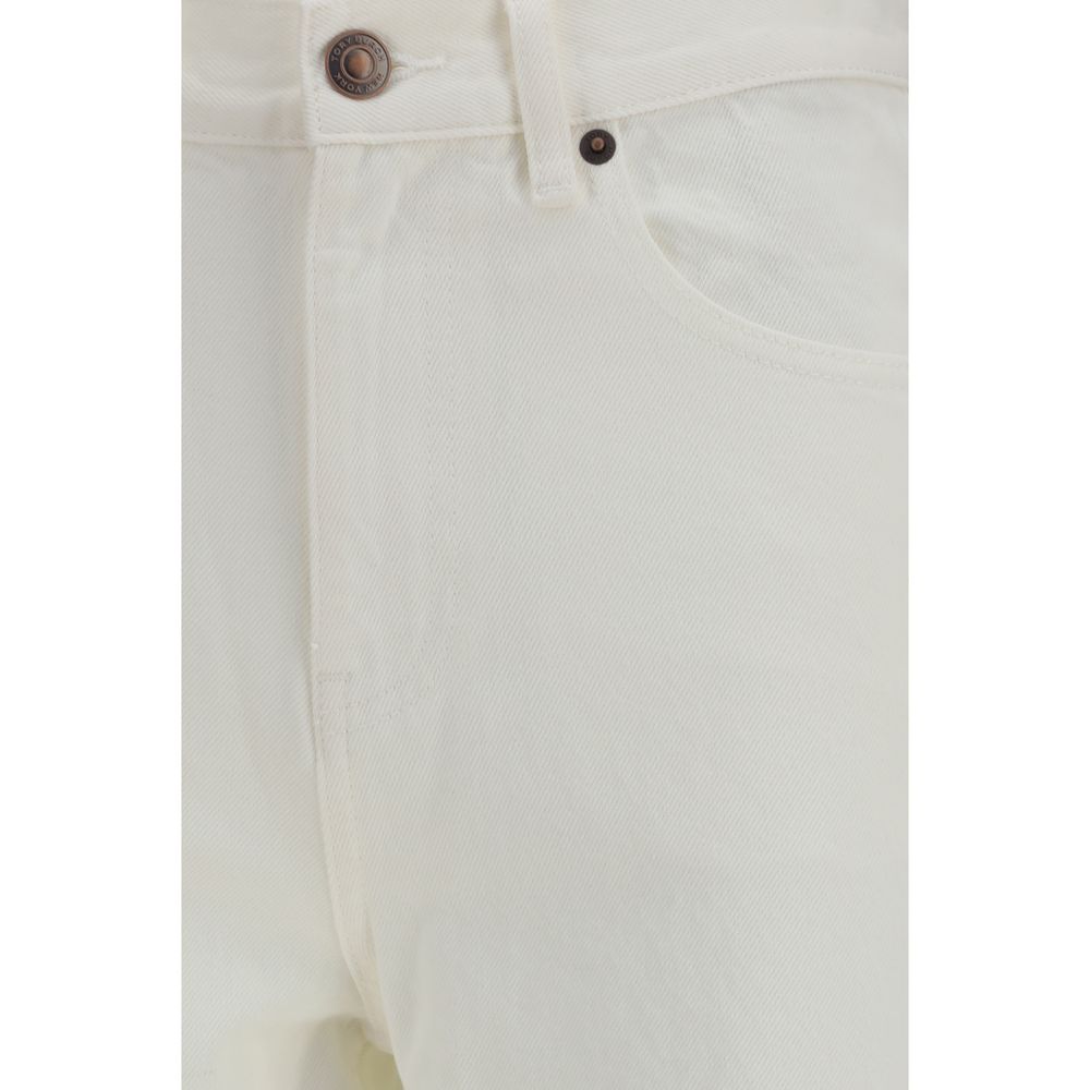 Jeans by Tory Burch for women in denim cotton white, patterned, signature & monogram presents a tailored silhouette, showcasing a tailored straight-leg, regular-fit & wide and long cut with a refined for a truly tailored aesthetic.