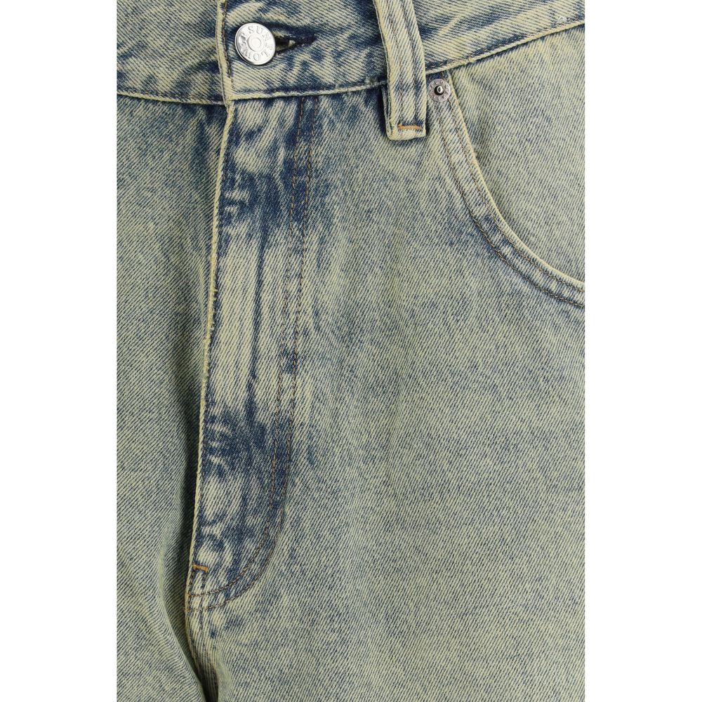 Denim Shorts by Sunflower for men in organic denim cotton & leather blue features an utilitarian chic relaxed-fit, wide & oversized with a short and , creating a utilitarian chic silhouette perfect for elevated casual styling.