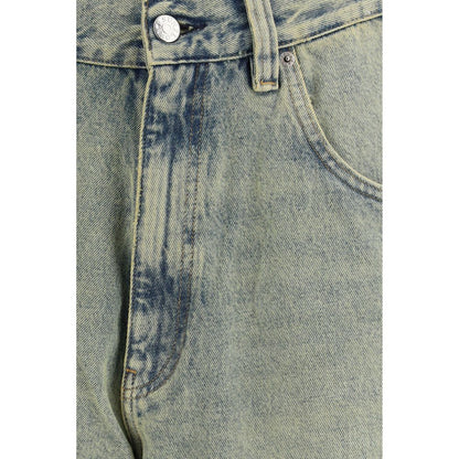 Denim Shorts by Sunflower for men in organic denim cotton & leather blue features an utilitarian chic relaxed-fit, wide & oversized with a short and , creating a utilitarian chic silhouette perfect for elevated casual styling.