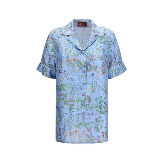 Shirt by Gucci for women in silk twill light-blue, patterned, floral & print features an architectural silhouette with a refined short-sleeve and elegant for a architectural look.