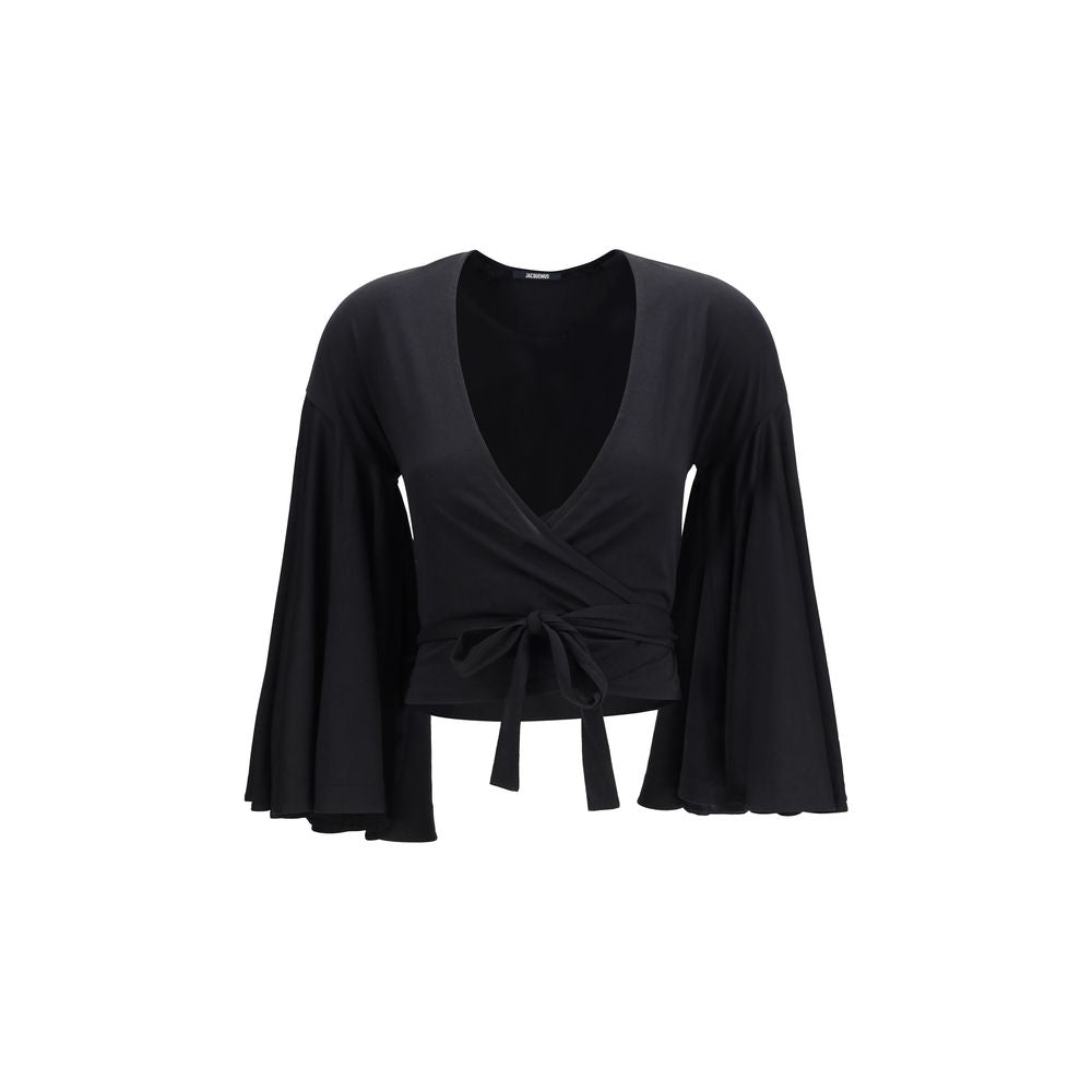 Shirt by Jacquemus for women in cotton black showcases a sharp silhouette, elegantly detailed with a sharp wrap neckline and sharp .