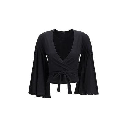 Shirt by Jacquemus for women in cotton black showcases a sharp silhouette, elegantly detailed with a sharp wrap neckline and sharp .