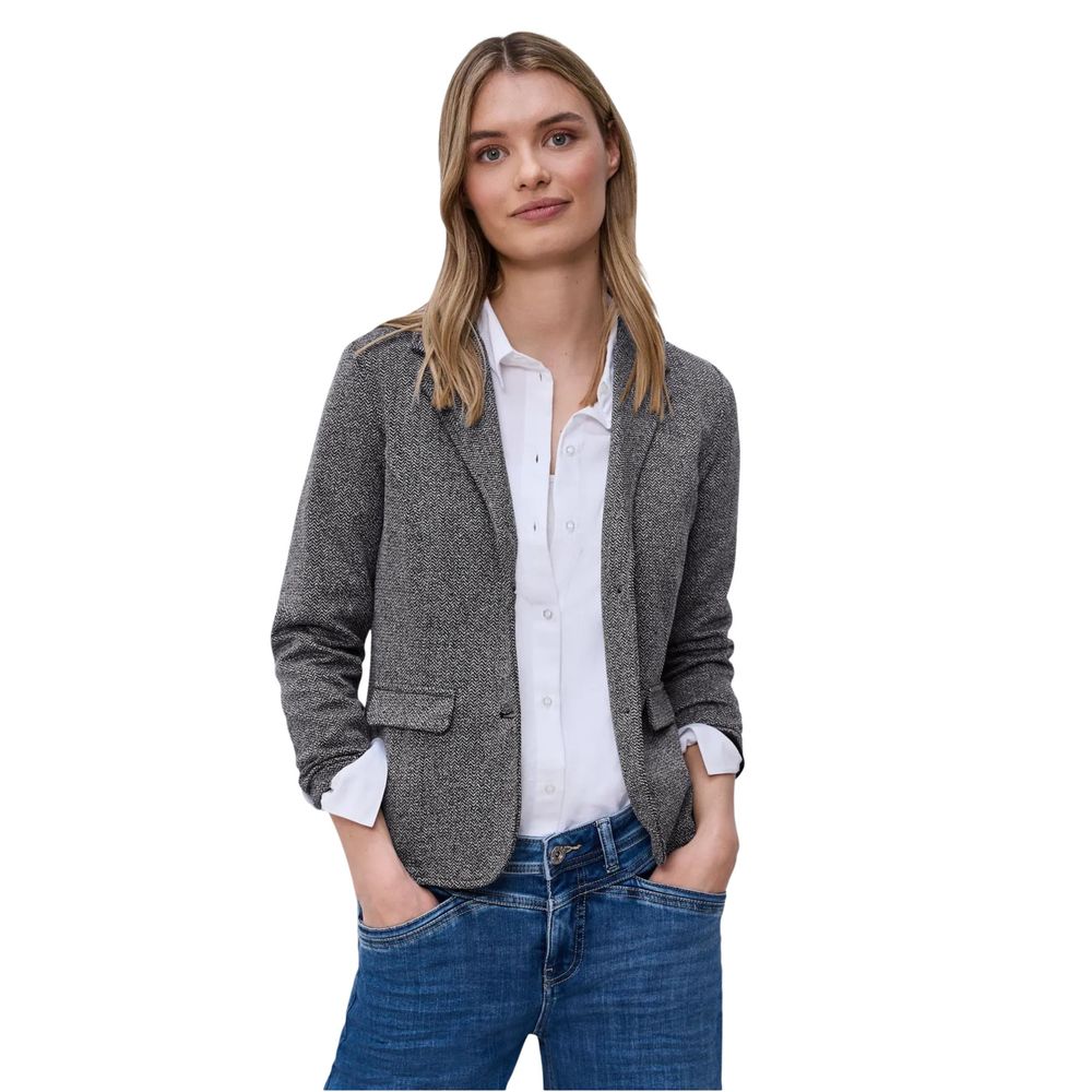 This Blazer by Street One for women in stretch polyester & viscose blue presents a tailored silhouette, meticulously tailored with a tailored round neckline and distinctive for a tailored finish.