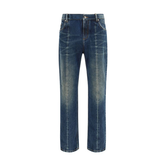 Jeans by Versace for men in cotton denim blue & signature features an refined tailoring silhouette, showcasing a premium straight-leg & regular-fit with a and long cut for a refined tailoring look.