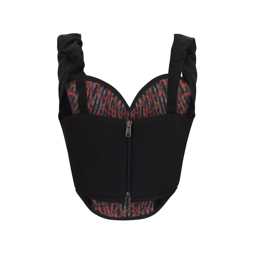 Corset Top by Vivienne Westwood for women in polyester satin black showcases a meticulous silhouette, artfully finished with a meticulous sweetheart neckline and for a sophisticated, meticulous look.