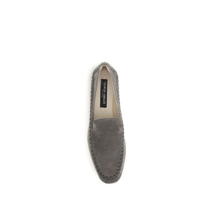 Flat Loafer Slip-On Shoes by Giorgio Armani for women in bos taurus calf leather gray features an ergonomic silhouette, perfectly showcasing Women's Bos Taurus Calf Leather Flat Loafer Slip-On Shoes with its distinct flat and elegant .