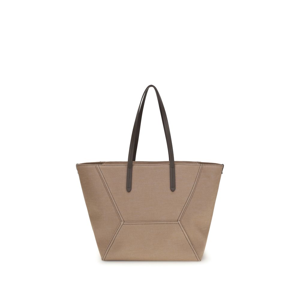 Pouch Tote Shoulder Bag by Brunello Cucinelli for women in polyester cotton canvas beige presents a versatile silhouette, showcasing a secure zipper and versatile with versatile handle for a sophisticated look.