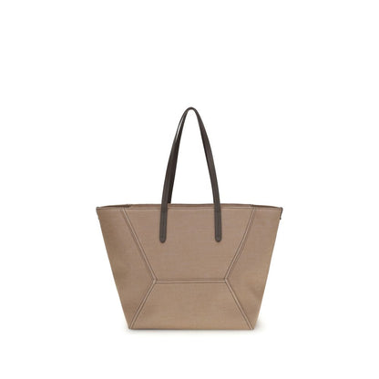 Pouch Tote Shoulder Bag by Brunello Cucinelli for women in polyester cotton canvas beige presents a versatile silhouette, showcasing a secure zipper and versatile with versatile handle for a sophisticated look.