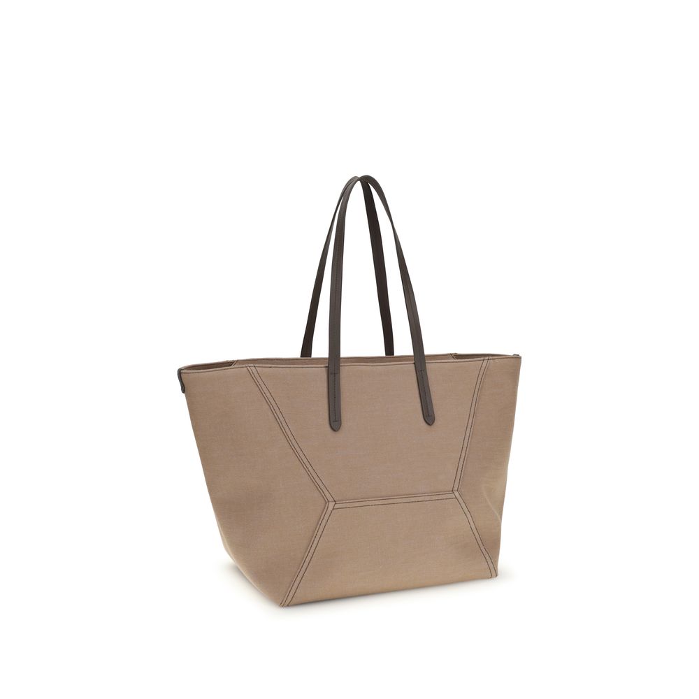 Pouch Tote Shoulder Bag by Brunello Cucinelli for women in polyester cotton canvas beige features a distinguished silhouette, showcasing a secure zipper and distinguished with versatile handle for a distinguished finish.