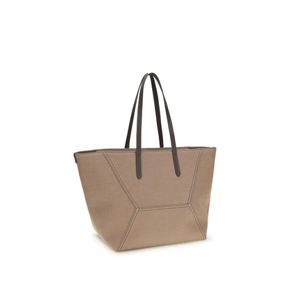 Pouch Tote Shoulder Bag by Brunello Cucinelli for women in polyester cotton canvas beige features a distinguished silhouette, showcasing a secure zipper and distinguished with versatile handle for a distinguished finish.
