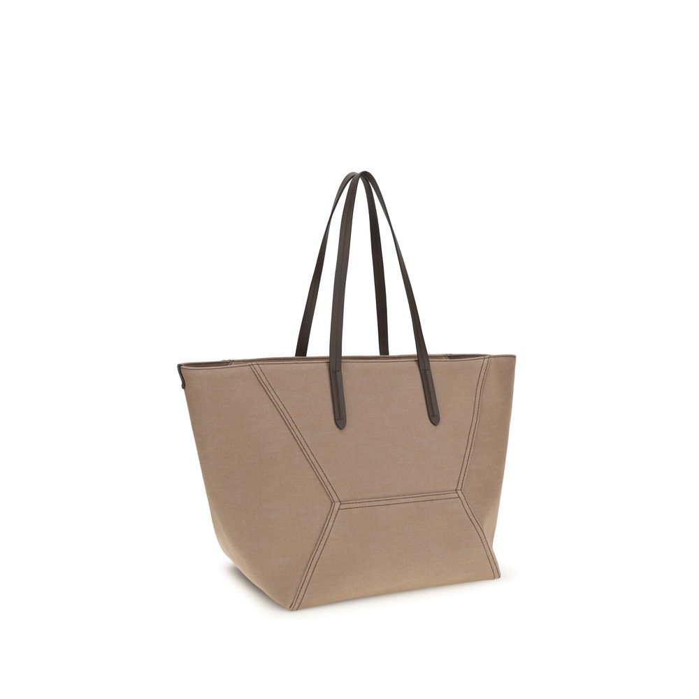 Pouch Tote Shoulder Bag by Brunello Cucinelli for women in polyester cotton canvas beige showcases a enviable silhouette, artfully detailed with a secure zipper, organized , and versatile handle for a enviable look.