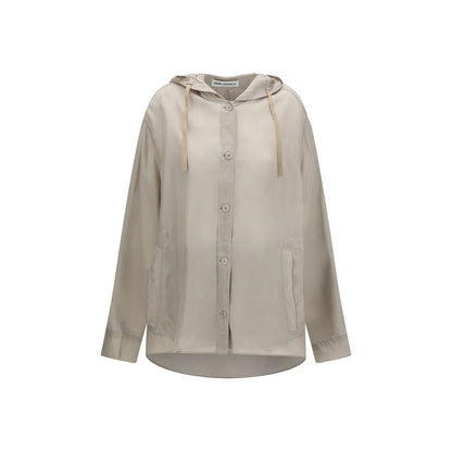 Hooded Windbreaker Jacket by Our Legacy for women in cupro copper, gray & pearl presents a resilient silhouette, artfully detailed with a sophisticated hooded neckline and functional pockets, hooded & windproof for a resilient finish.