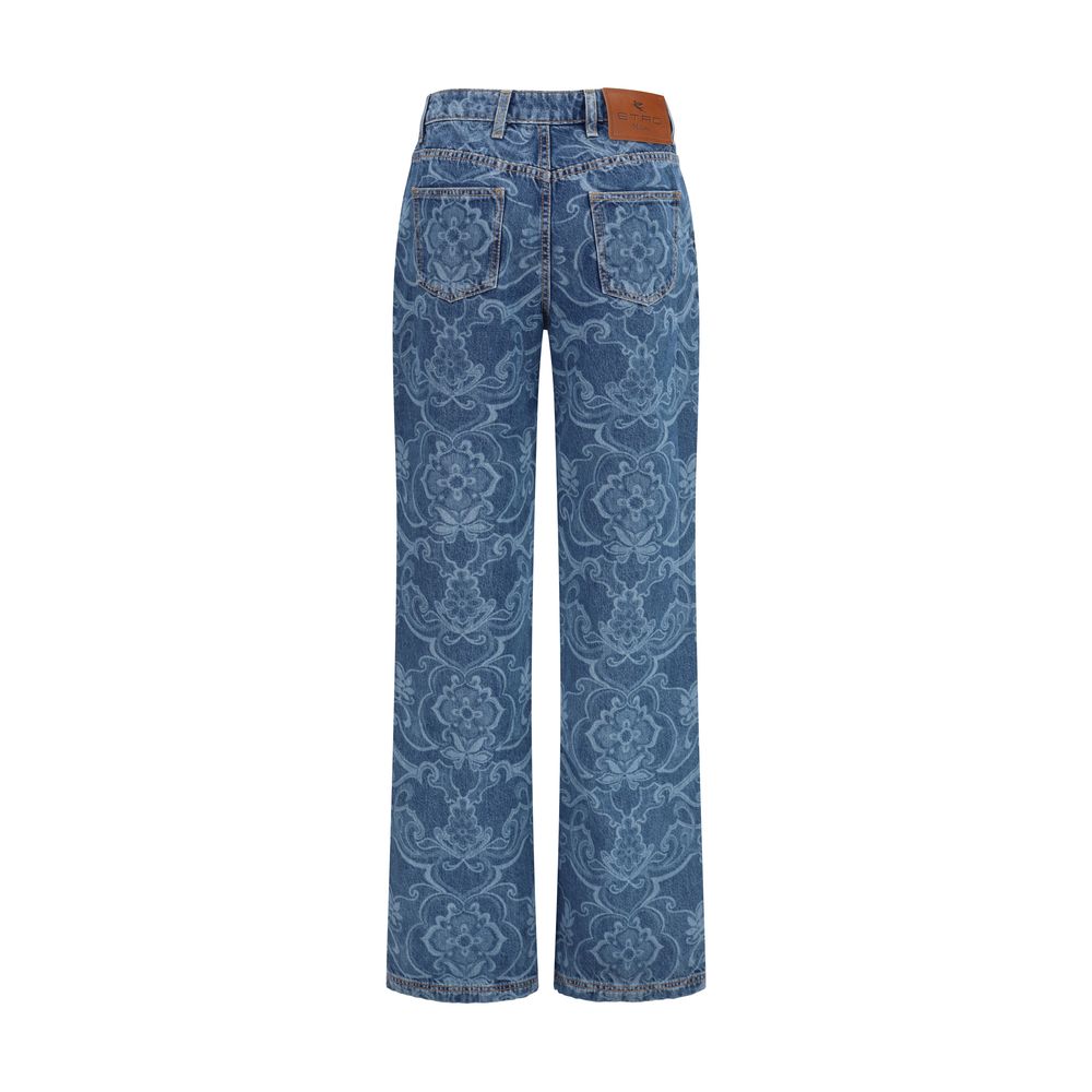 Jeans by Etro for women in cotton denim blue & jacquard presents a refined pantology silhouette, artfully defined by a refined pantology straight-leg, flared & regular-fit, long, and a sophisticated .