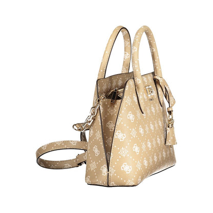 Handbag by Guess Jeans for women in polyurethane beige, black, signature-print & print features an refined silhouette, showcasing a secure snap & zipper, ample external-pockets, internal-pockets & cardholder, and versatile shoulder-strap, handle & adjustable-strap for a sophisticated refined aesthetic.