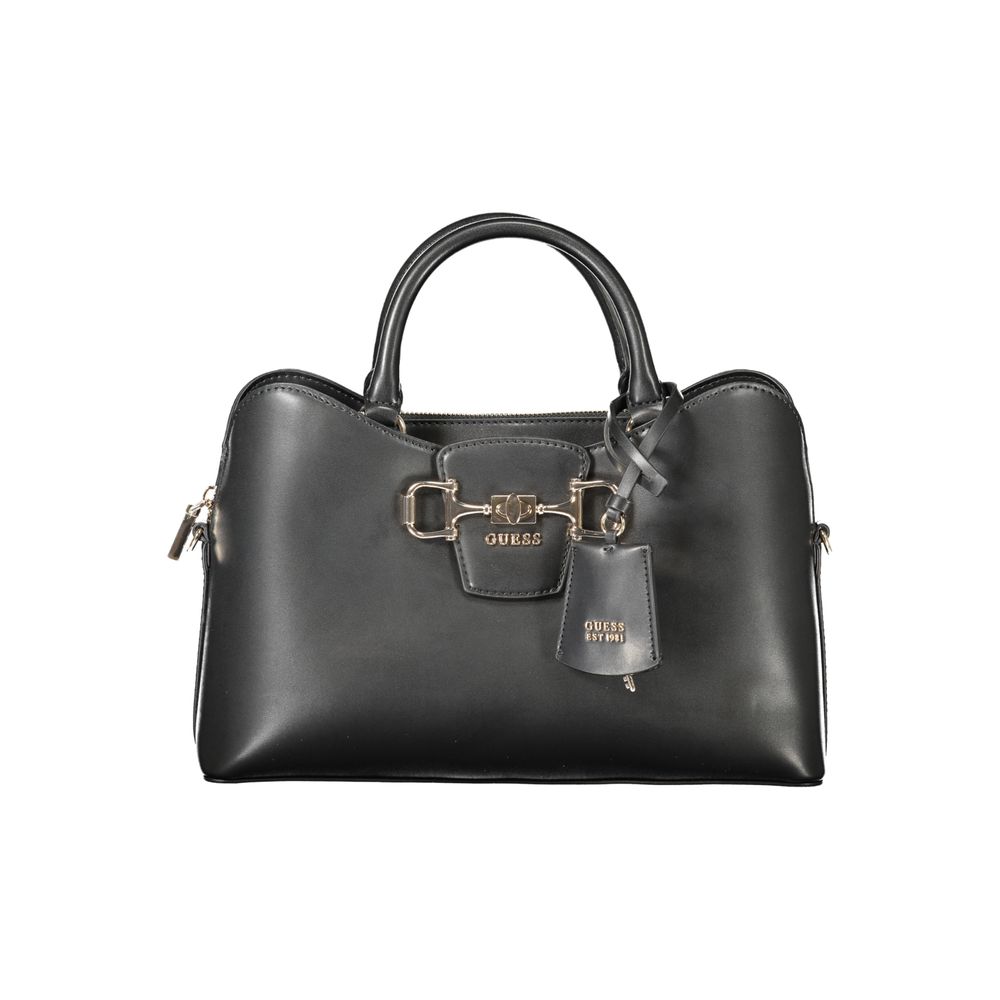 Handbag by Guess Jeans for women in polyethylene black & signature features a signature silhouette, showcasing a secure snap & zipper and signature external-pockets & internal-pockets with versatile shoulder-strap, handle & adjustable-strap for a sophisticated look.