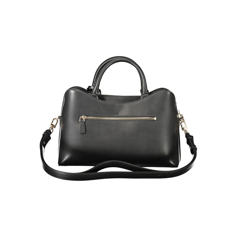 Handbag by Guess Jeans for women in polyethylene black & signature features a signature silhouette, showcasing a secure snap & zipper and signature external-pockets & internal-pockets with versatile shoulder-strap, handle & adjustable-strap for a sophisticated look.