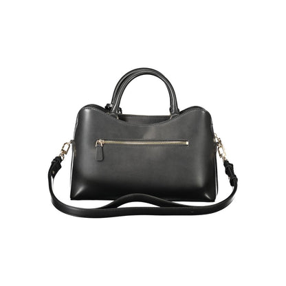 Handbag by Guess Jeans for women in polyethylene black & signature features a signature silhouette, showcasing a secure snap & zipper and signature external-pockets & internal-pockets with versatile shoulder-strap, handle & adjustable-strap for a sophisticated look.