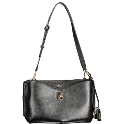 Crossbody Handbag by Guess Jeans for women in polyethylene black & white features a signature silhouette, showcasing a secure snap & zipper and signature built-in-compartments & internal-pockets with versatile crossbody-strap, adjustable-strap & handle for a sophisticated look.