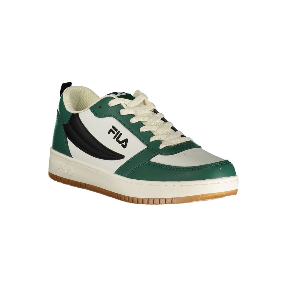 Athletic Sneakers by Fila for men in polyester black, green & white features an architectural silhouette from the Men's Athletic Polyester Sneakers collection, showcasing a architectural athletic style for a architectural look.