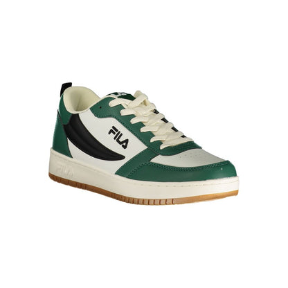 Athletic Sneakers by Fila for men in polyester black, green & white features an architectural silhouette from the Men's Athletic Polyester Sneakers collection, showcasing a architectural athletic style for a architectural look.