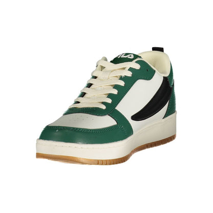 Athletic Sneakers by Fila for men in polyester black, green & white features an architectural silhouette, showcasing the premium athletic style of the Men's Athletic Polyester Sneakers with an architectural finish.