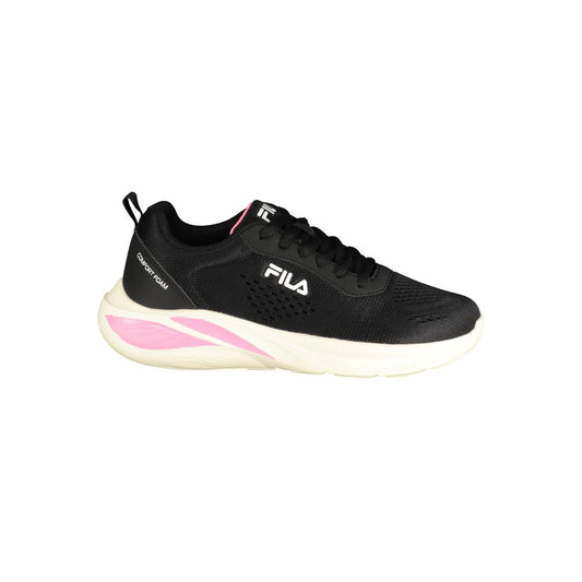 Athletic Sneakers by Fila for women in polyester black, pink & print presents a sleek silhouette, perfectly capturing the athletic style essence of Women's Athletic Polyester Sneakers with its sleek design and premium finish.