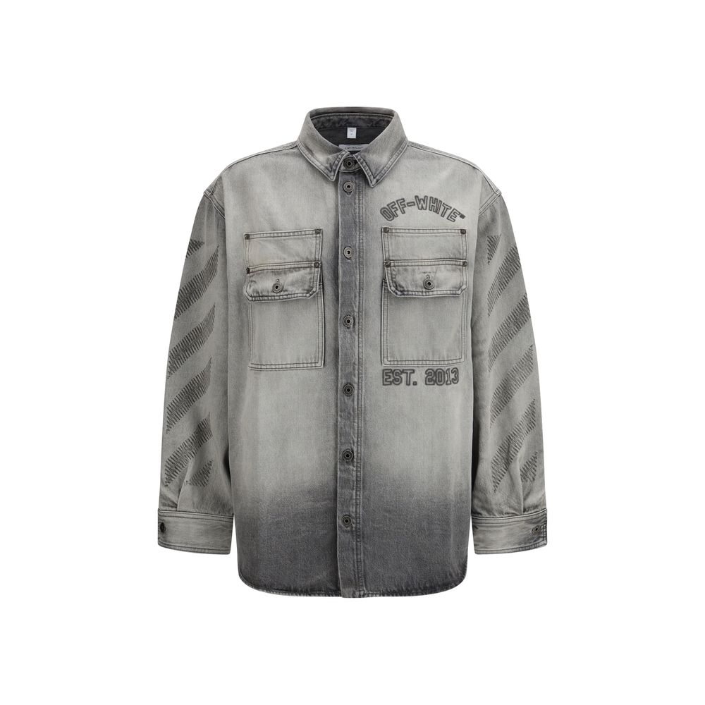 Overshirt by Off-White for men in denim cotton gray, white & signature, featuring a nuanced long-sleeve and nuanced for a sophisticated finish.