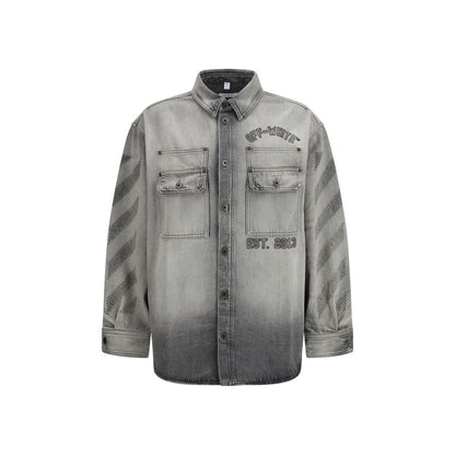 Overshirt by Off-White for men in denim cotton gray, white & signature, featuring a nuanced long-sleeve and nuanced for a sophisticated finish.