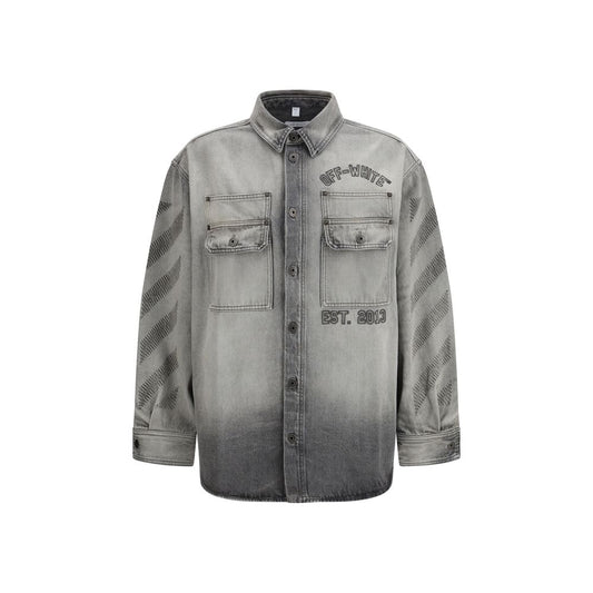 Overshirt by Off-White for men in denim cotton gray, white & signature, featuring a nuanced long-sleeve and nuanced for a sophisticated finish.