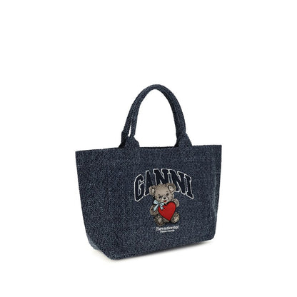 Medium Tote Shoulder Bag by Ganni for women in denim cotton blue & signature presents a versatile silhouette, showcasing a secure and versatile single-compartment with versatile handle for a sophisticated look.