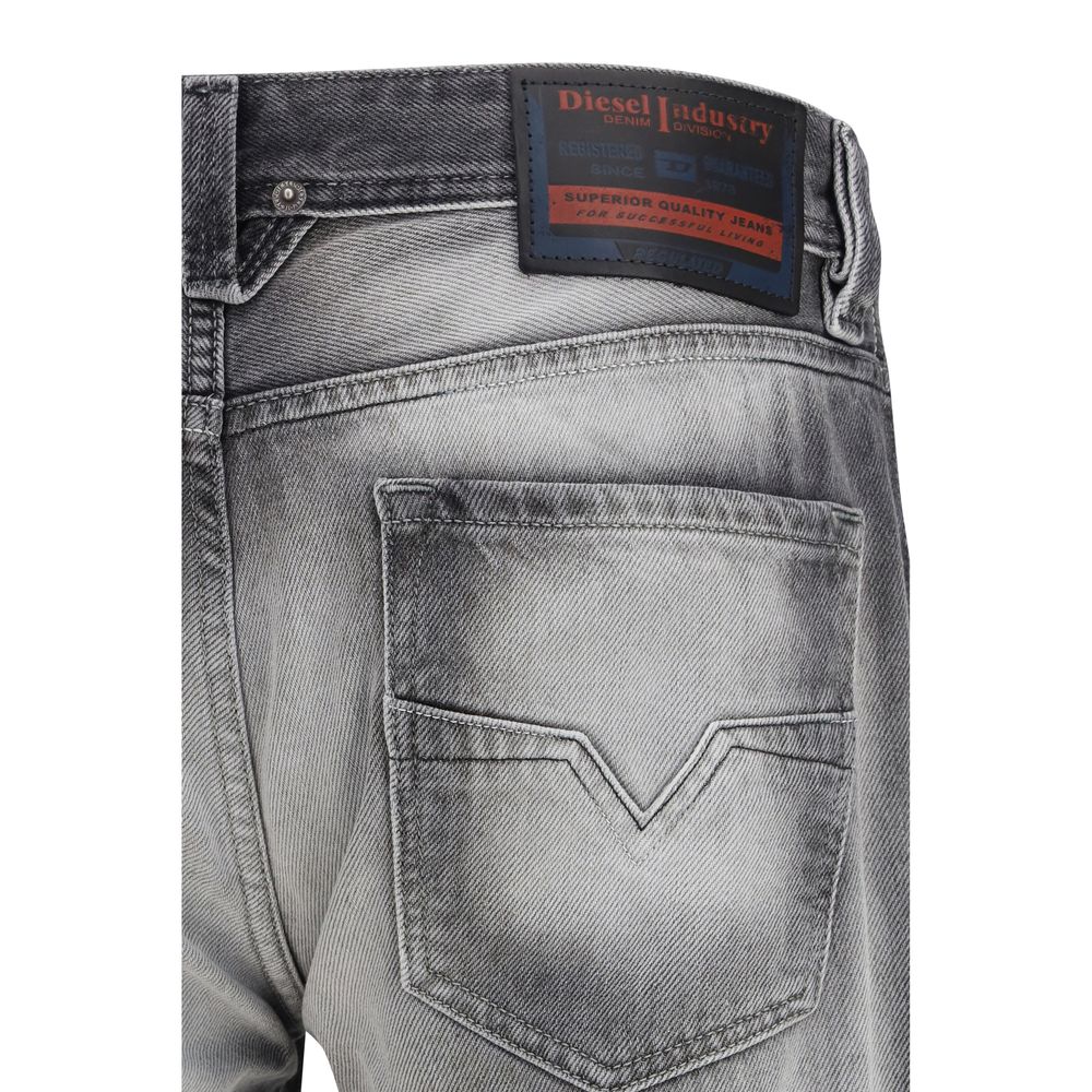 Jeans by Diesel for men in cotton denim & calf leather gray features a polished silhouette with a polished bootcut, regular-fit & slim, reaching a polished long and finished with a polished low rise.