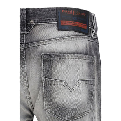 Jeans by Diesel for men in cotton denim & calf leather gray features a polished silhouette with a polished bootcut, regular-fit & slim, reaching a polished long and finished with a polished low rise.