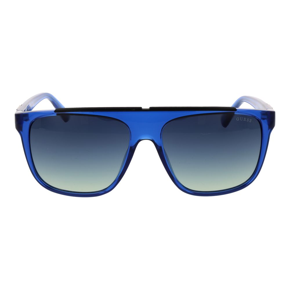 This Sunglasses by Guess for men in stainless steel blue presents a sumptuous silhouette, showcasing a sumptuous full-rim square frame design in blue coloured frame and high-performance gradient category-3-dark-tint lens.