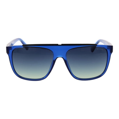This Sunglasses by Guess for men in stainless steel blue presents a sumptuous silhouette, showcasing a sumptuous full-rim square frame design in blue coloured frame and high-performance gradient category-3-dark-tint lens.
