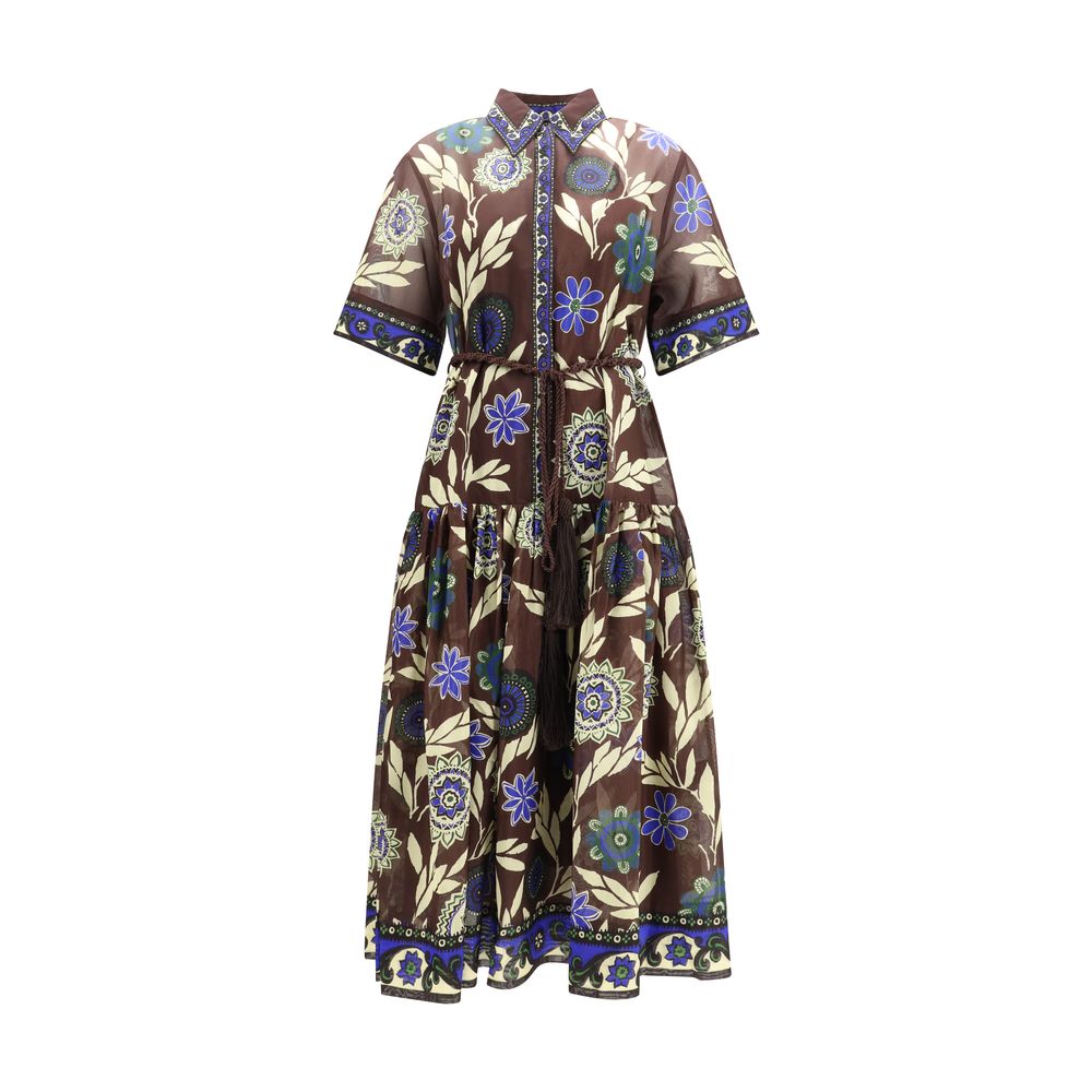 Dress by Alemais for women in cotton & silk brown & patterned features an cute silhouette, detailed with a short-sleeve and that elegantly flows into a cute midi.