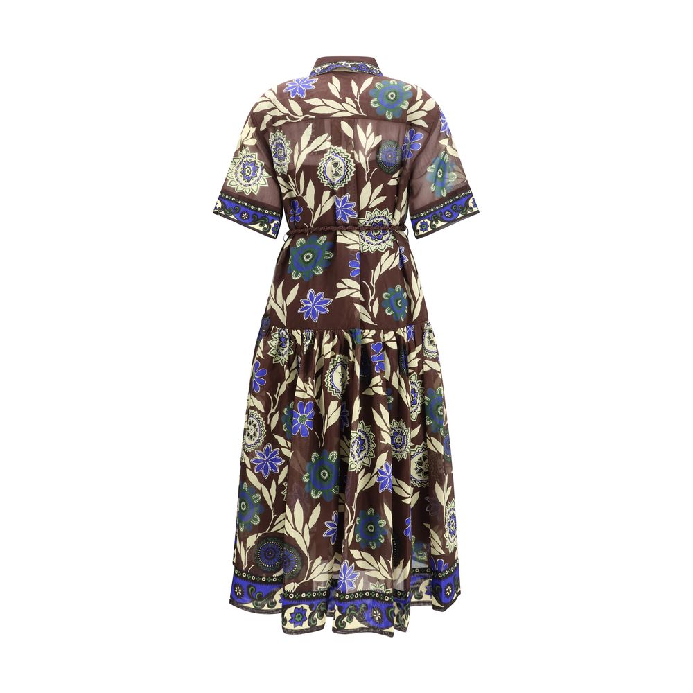 Dress by Alemais for women in cotton & silk brown & patterned features a dramatic silhouette, showcasing an elegant and that flows into a dramatic midi.