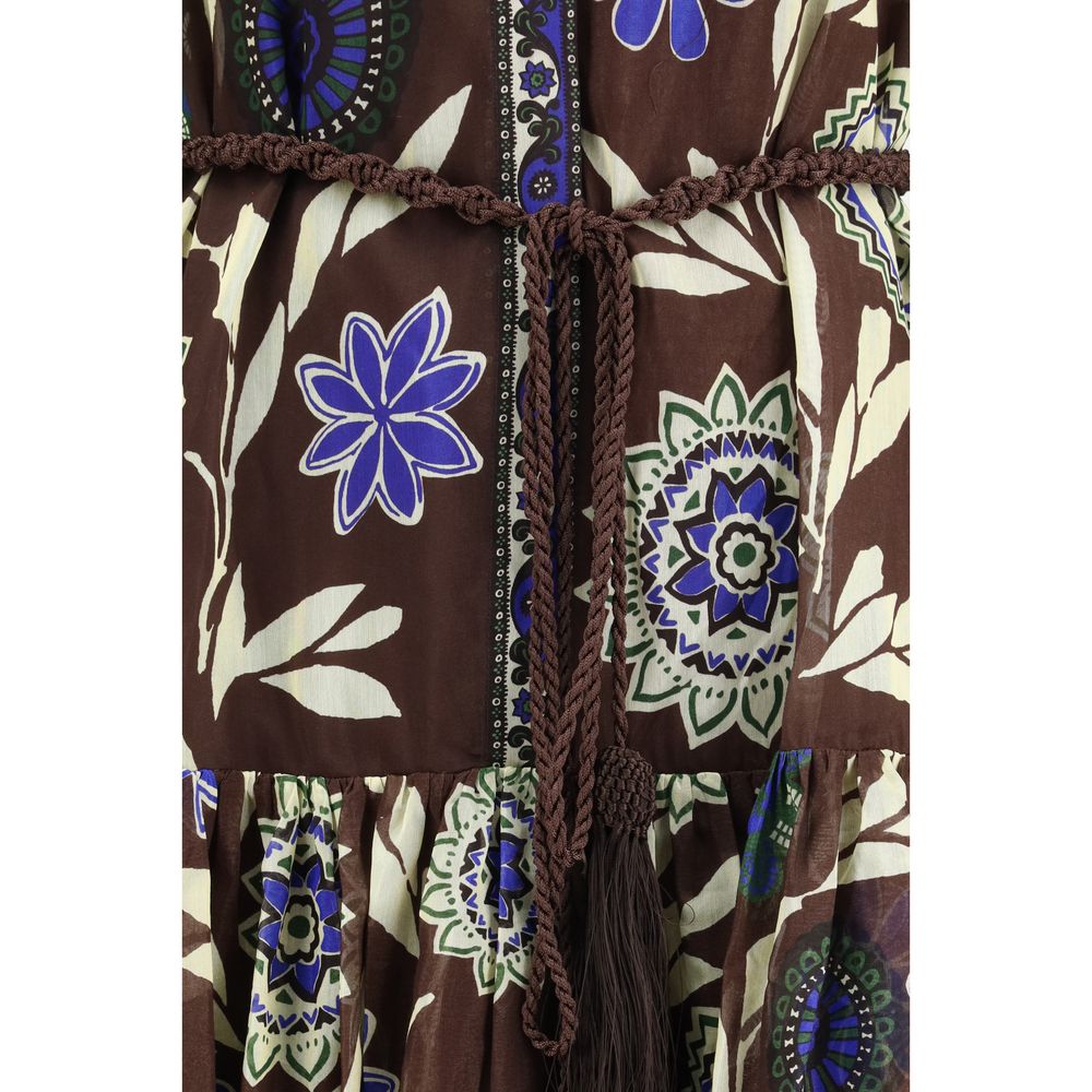 Dress by Alemais for women in cotton & silk brown & patterned presents a sinuous silhouette, showcasing a sophisticated and detailed with a sinuous midi for a refined finish.