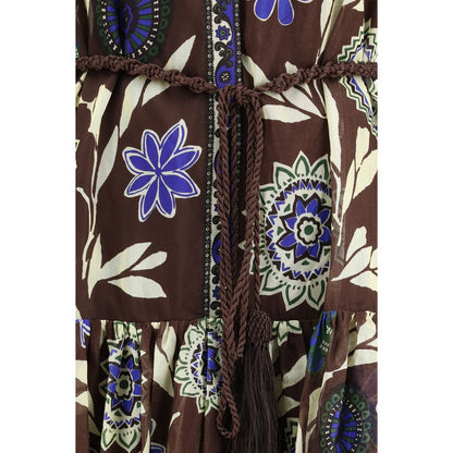 Dress by Alemais for women in cotton & silk brown & patterned presents a sinuous silhouette, showcasing a sophisticated and detailed with a sinuous midi for a refined finish.