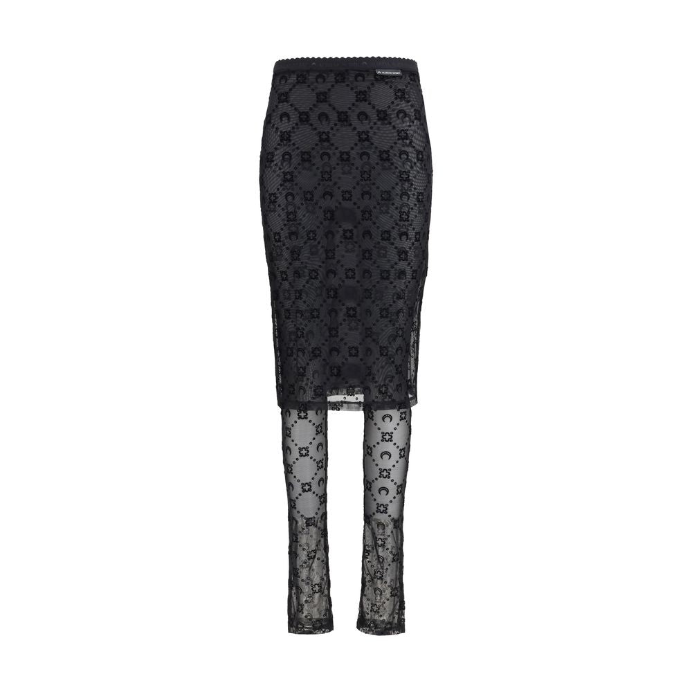 Skirt by Marine Serre for women in polyamide black, patterned & signature showcases a dramatic silhouette, artfully capturing the essence of the Women's Polyamide Midi Skirt in a dramatic midi cut for a refined look.