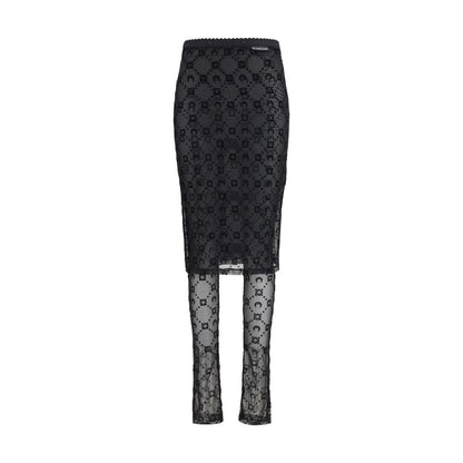 Skirt by Marine Serre for women in polyamide black, patterned & signature showcases a dramatic silhouette, artfully capturing the essence of the Women's Polyamide Midi Skirt in a dramatic midi cut for a refined look.