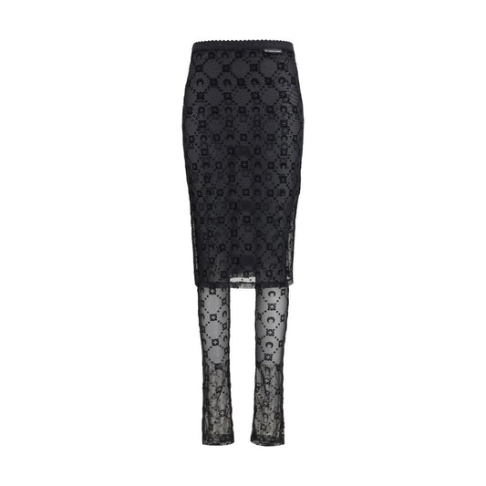 Skirt by Marine Serre for women in polyamide black, patterned & signature showcases a dramatic silhouette, artfully capturing the essence of the Women's Polyamide Midi Skirt in a dramatic midi cut for a refined look.