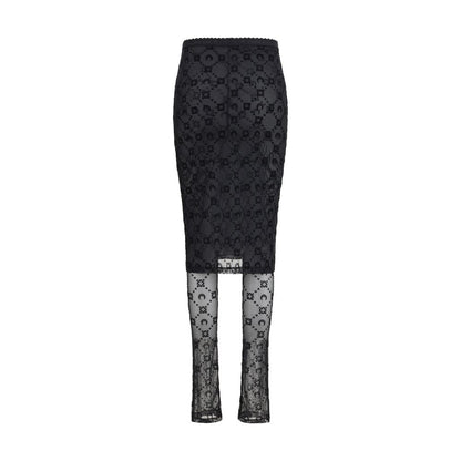 Skirt by Marine Serre for women in polyamide black, patterned & signature showcases a sultry silhouette, elegantly defined by its midi and the sophisticated sultry design of the Women's Polyamide Midi Skirt.