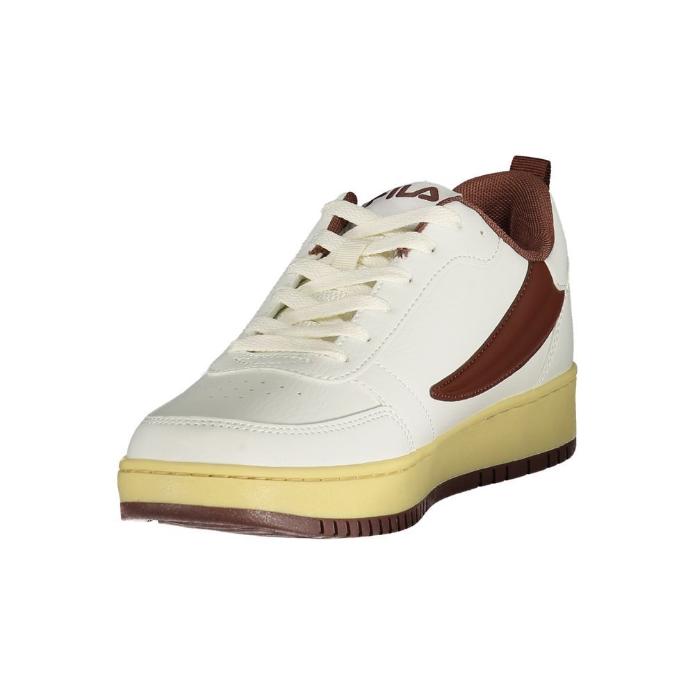 Sneakers by Fila for men in polyester & polyurethane white presents a sumptuous silhouette, artfully capturing the essence of the Men's Low-Top Polyester & Polyurethane Sneakers with its sumptuous low-top style design.