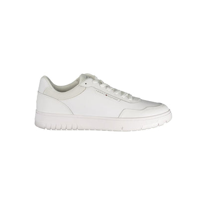 Sneakers by Tommy Hilfiger for men in polyester polyurethane leather white presents a sumptuous silhouette, artfully capturing the essence of the Men's Low-Top Polyester Polyurethane Leather Sneakers with its sumptuous low-top style design.