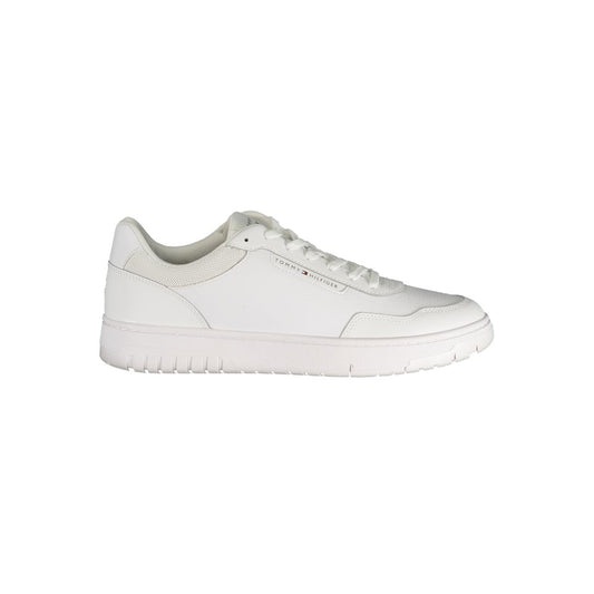 Sneakers by Tommy Hilfiger for men in polyester polyurethane leather white presents a sumptuous silhouette, artfully capturing the essence of the Men's Low-Top Polyester Polyurethane Leather Sneakers with its sumptuous low-top style design.