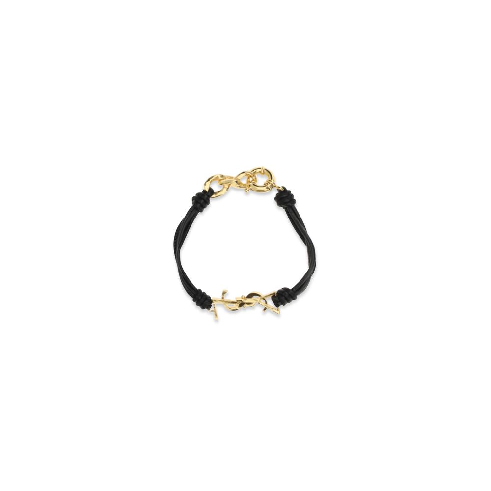 Bracelet by Saint Laurent for women in denim cotton black & gold features an svelte silhouette, showcasing the svelte cord wrap bracelet design of the Cassandre Women's Cord Wrap Bos Taurus Calf Leather Bracelet for a sophisticated, svelte look.