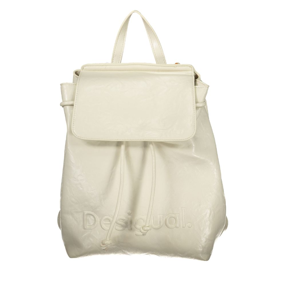 Mini Drawstring Backpack by Desigual for women in polyethylene white, signature & print features a refined silhouette, showcasing the Ecru Luena Polyethylene Mini Drawstring Backpack design with a secure snap, zipper & drawstring, ample built-in-compartments, external-pockets & cardholder, and versatile backpack-strap, adjustable-strap & handle.