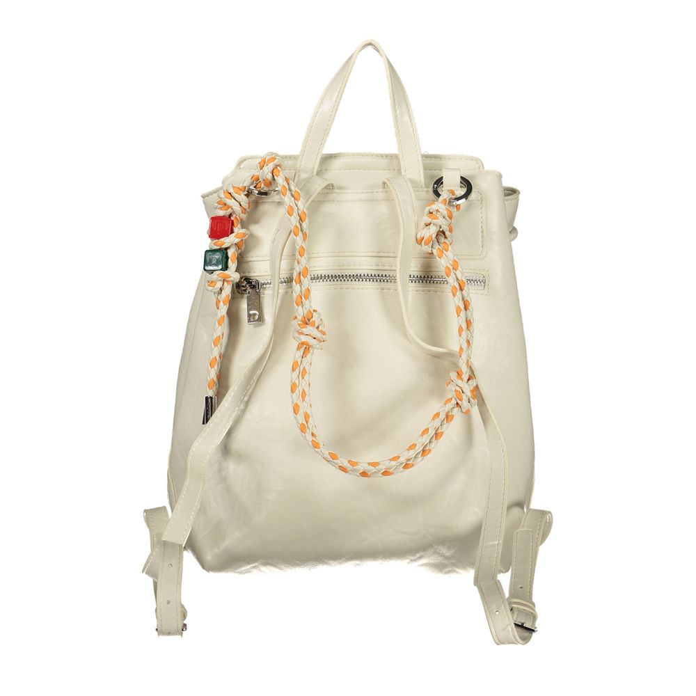 Mini Drawstring Backpack by Desigual for women in polyethylene white, signature & print showcases a stately Ecru Luena Polyethylene Mini Drawstring Backpack design, featuring a secure snap, zipper & drawstring with stately built-in-compartments, external-pockets & cardholder and versatile backpack-strap, adjustable-strap & handle.